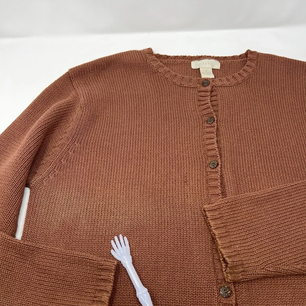 Vtg‎ J. Jill Brown Knit Button Up Sweater Drawstring Hem Cotton Sz Small *Read
